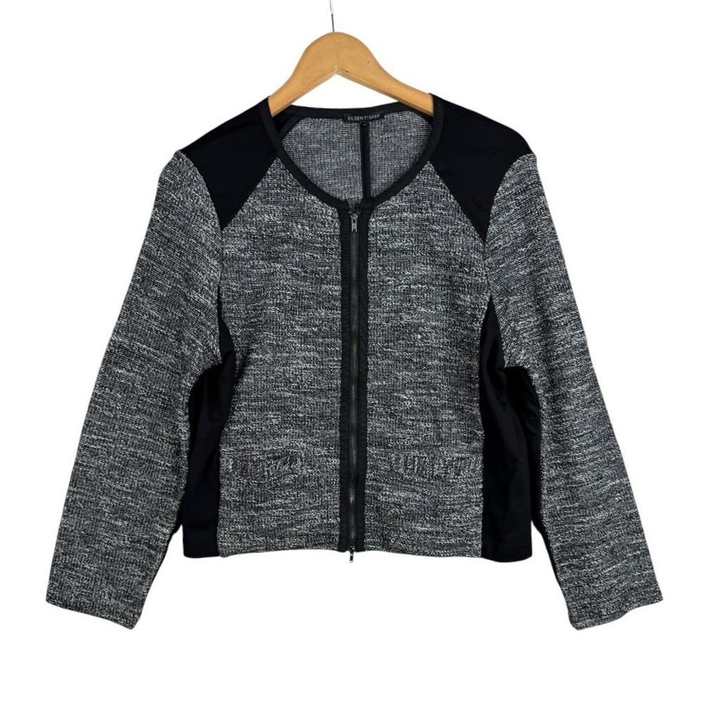 Eileen Fisher Black Tweed Zip Up Blazer Jacket Women's Size Large Pockets Woven
